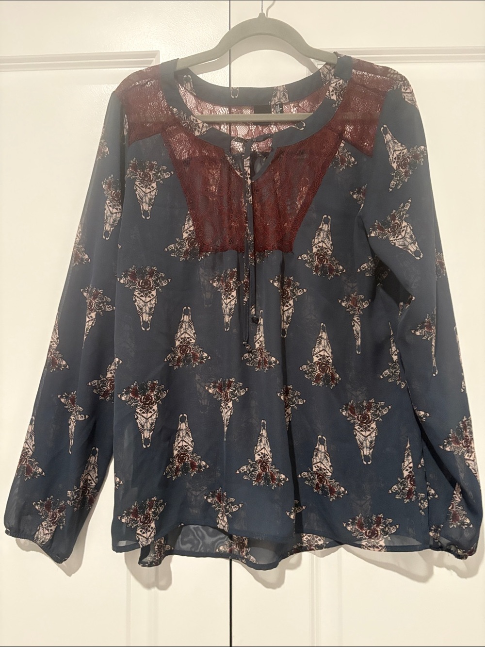 Cruel Women’s Navy Floral Skull Print Blouse with Burgundy Lace Yoke